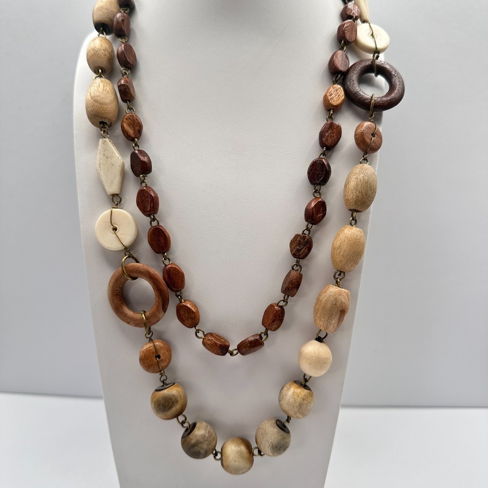 Vintage 90s Boho Double Strand Wooden Beaded Necklace - Classic Women's